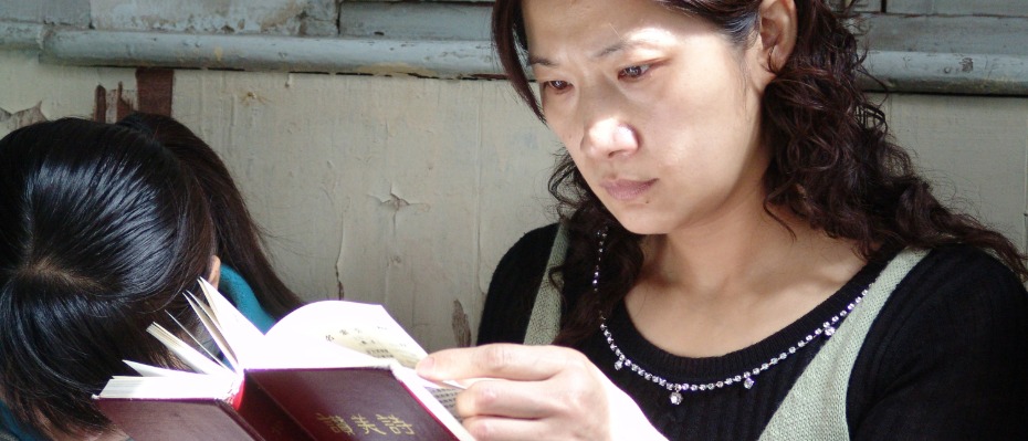 Chinese woman sat reading a book