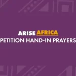 Purple patterned background with words 'Arise Africa hand-in prayers'.