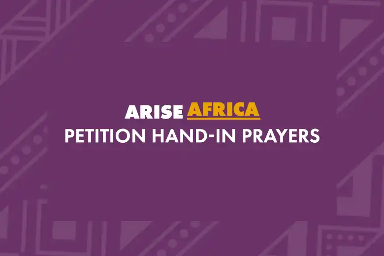 Purple patterned background with words 'Arise Africa hand-in prayers'.