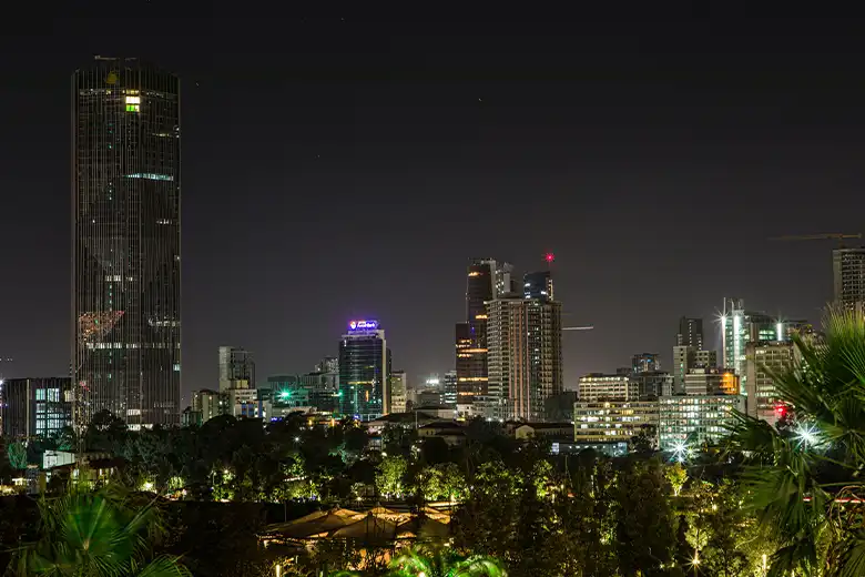 The skyscrapers of Addis Ababa, Ethiopia's capital city, stand tall against a night sky