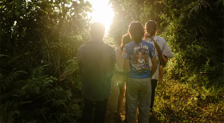 A family walks through a sun-lit forest in Laos.