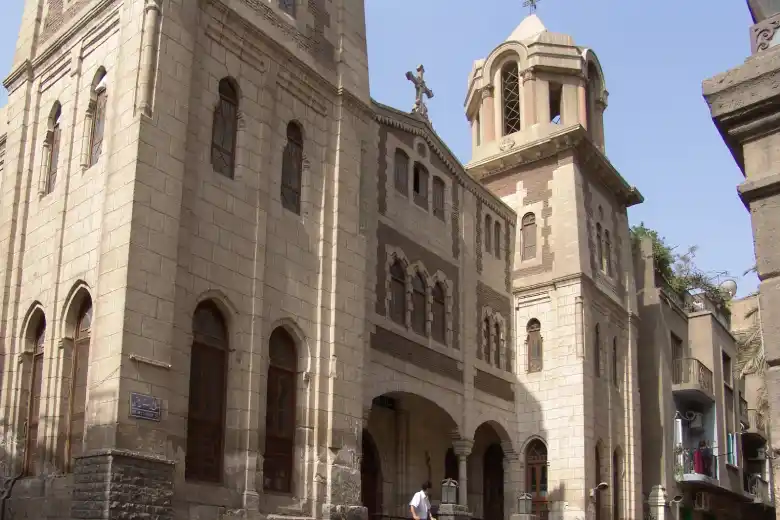 A church in Cairo, Egypt, against a blue sky